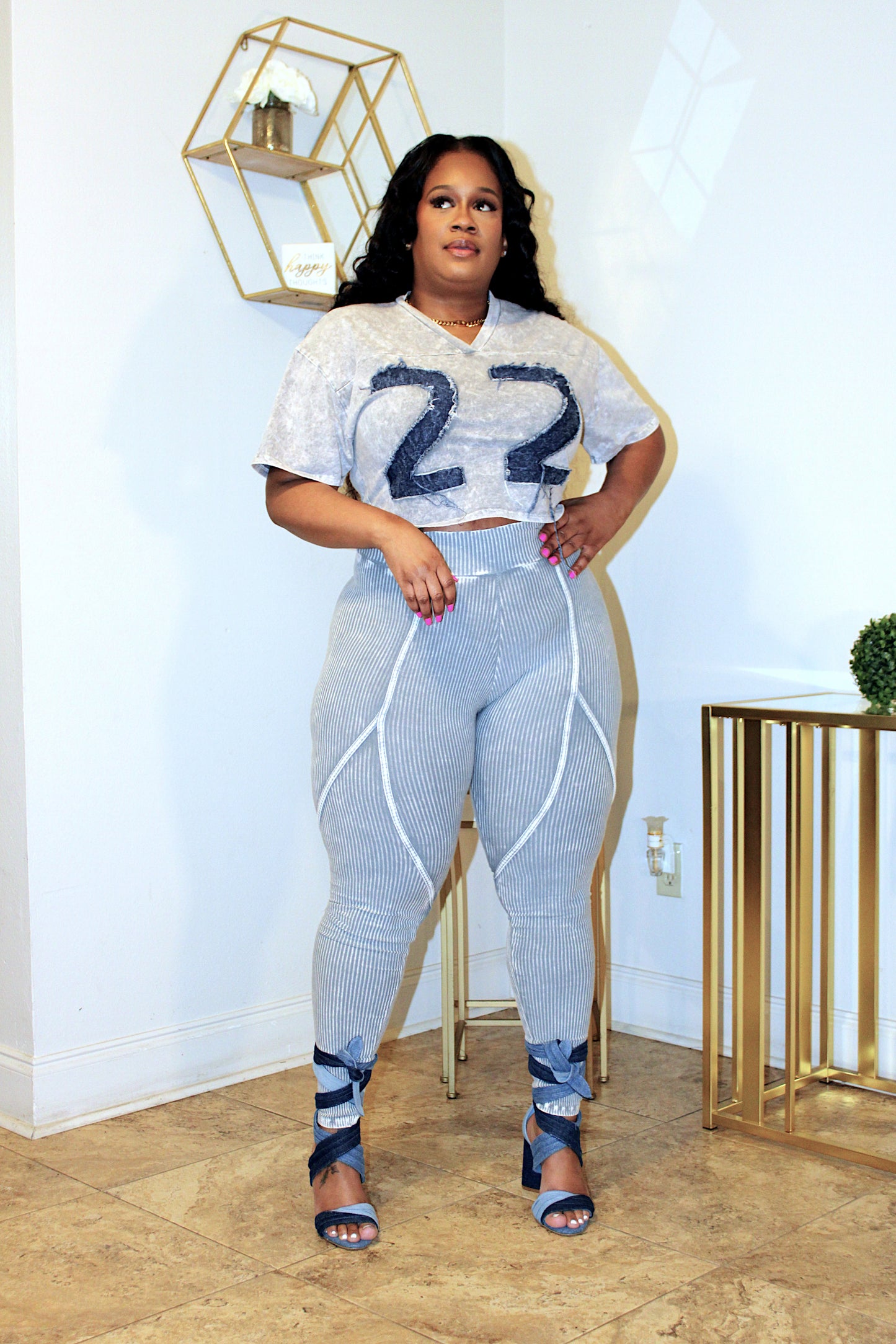 MINERAL WASH DENIM PATCH JERSEY TOP & LEGGING SET(GREY)