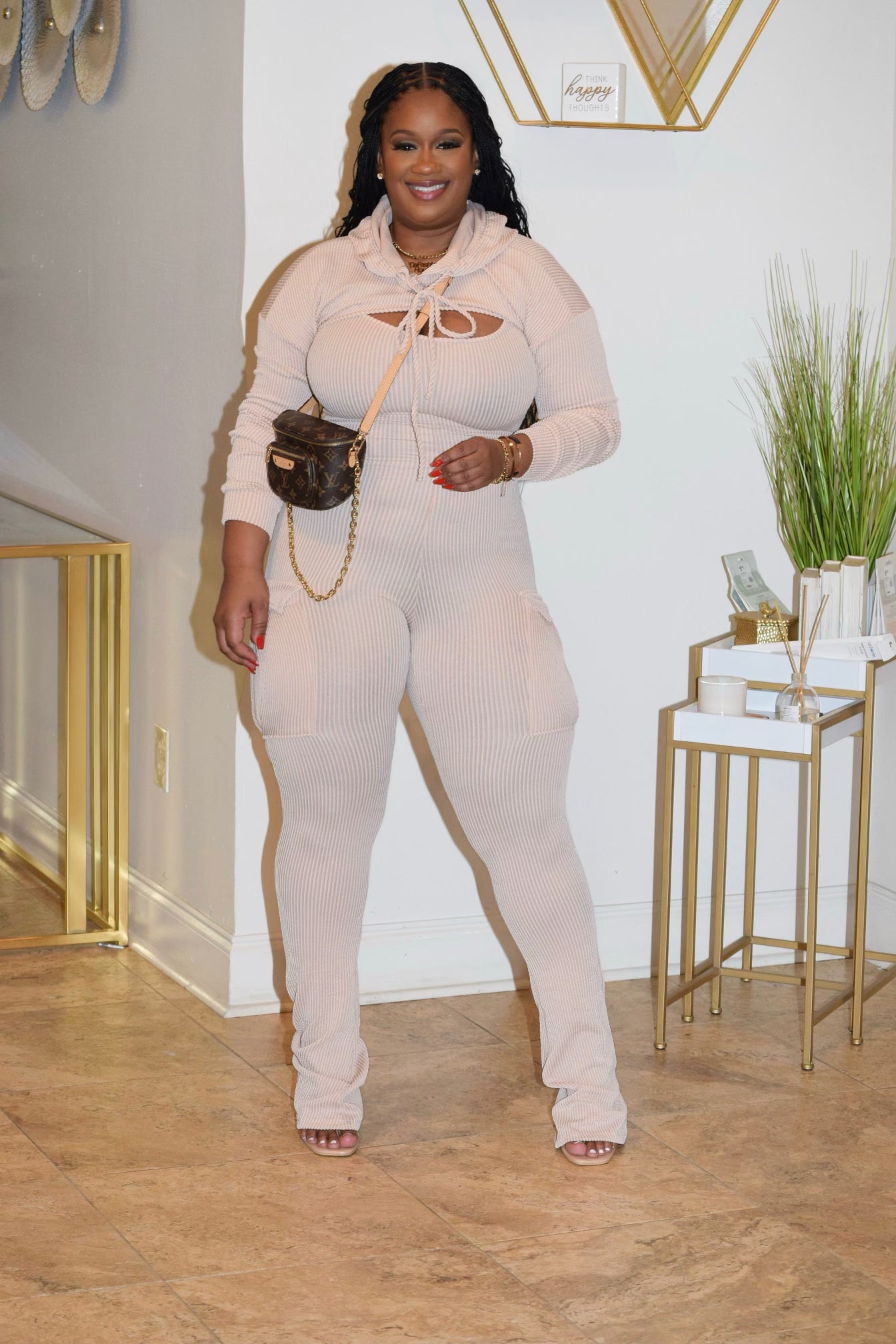 POCKET DETAIL JUMPSUIT WITH HOODED TOP SET (CREAM)