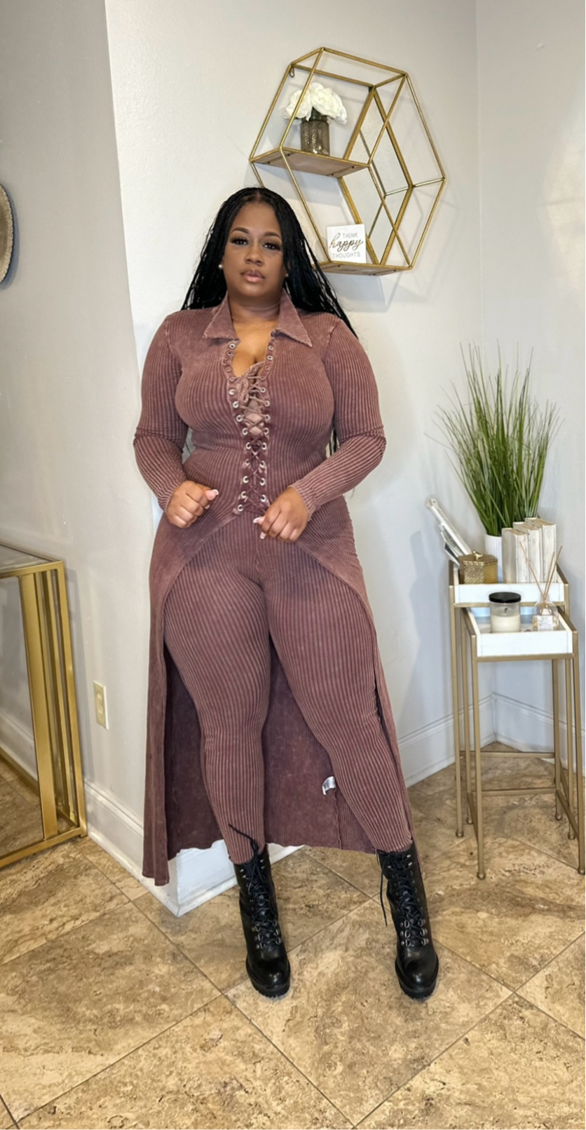Mineral wash lace-up cardigan legging set/ Chocolate