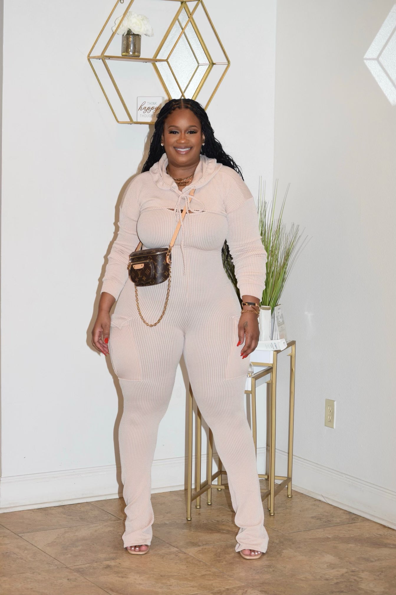 POCKET DETAIL JUMPSUIT WITH HOODED TOP SET (CREAM)