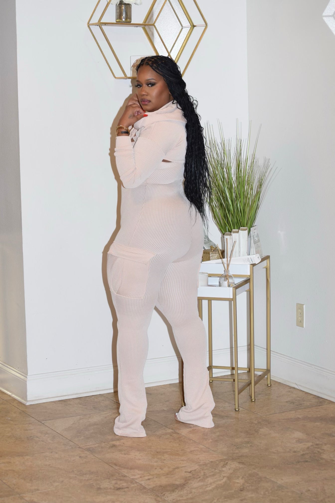 POCKET DETAIL JUMPSUIT WITH HOODED TOP SET (CREAM)