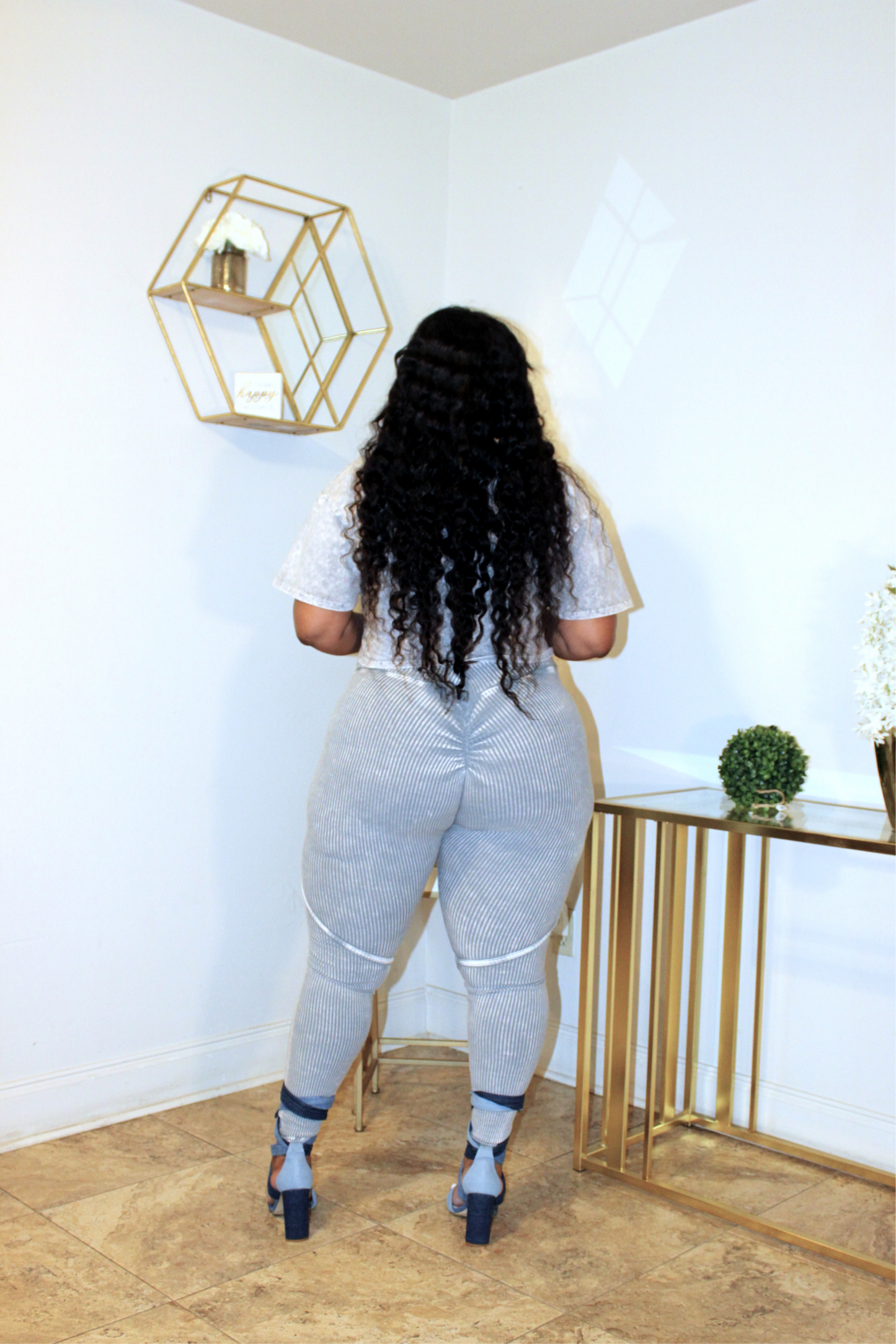 MINERAL WASH DENIM PATCH JERSEY TOP & LEGGING SET(GREY)