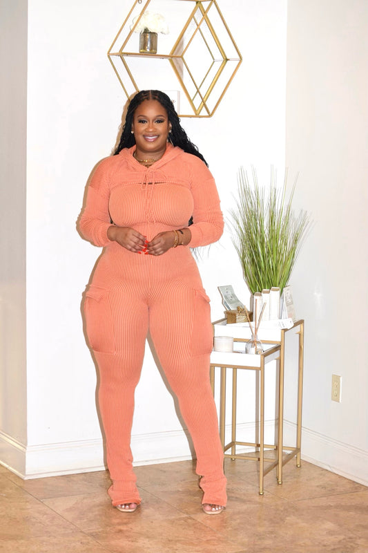 POCKET DETAIL JUMPSUIT WITH HOODED TOP SET (Sienna)