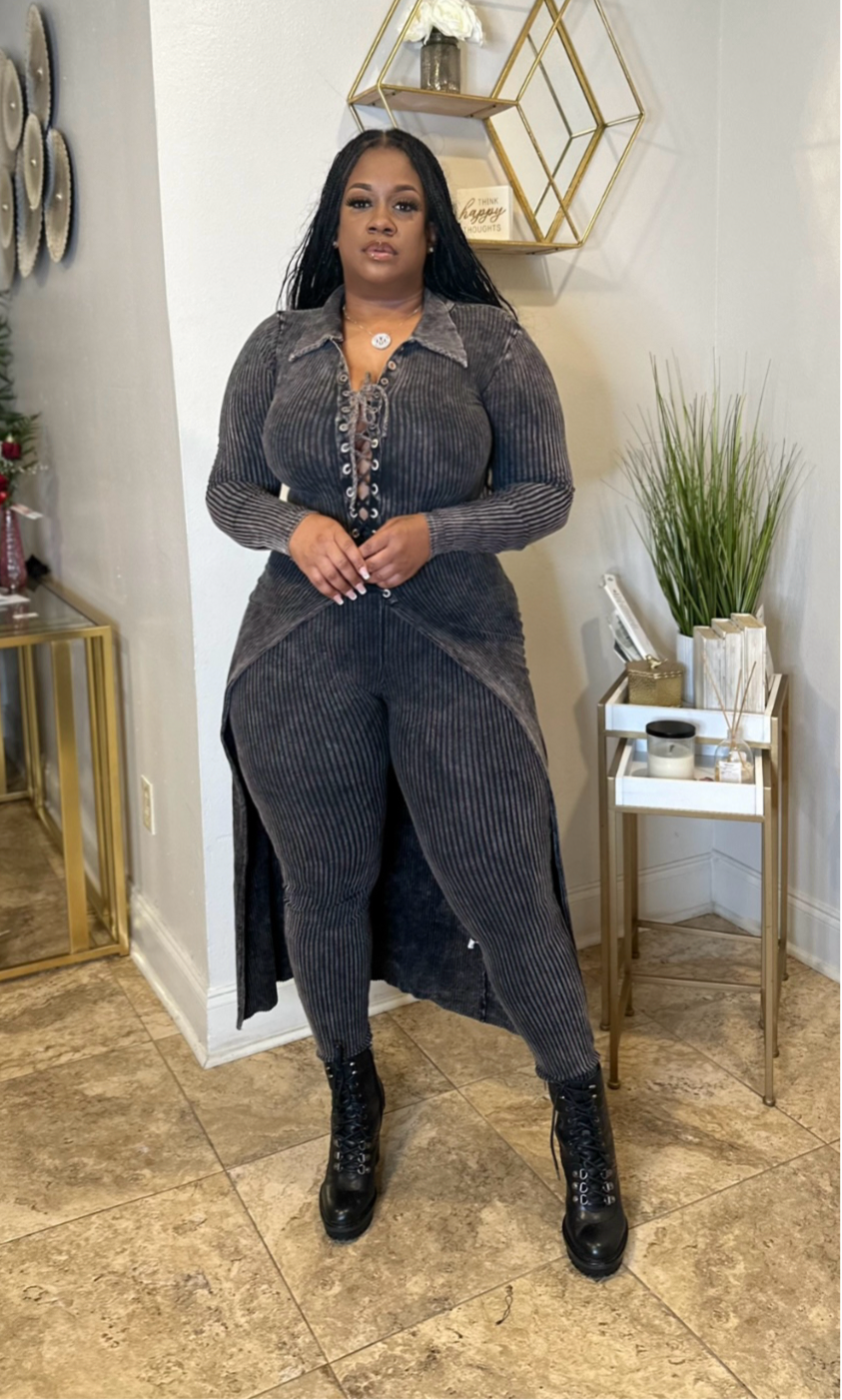 Mineral wash lace-up cardigan legging set/ black